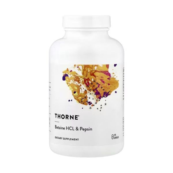 Thorne Betaine HCL & Pepsin 225 капсул — бетаїну гідрохлорид 1 г і пепсин у порції