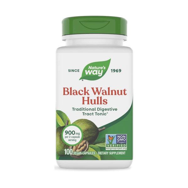Natures Way Black Walnut Hulls 900 mg 100 капсул - добавка з оболонок чорного горіха для травлення