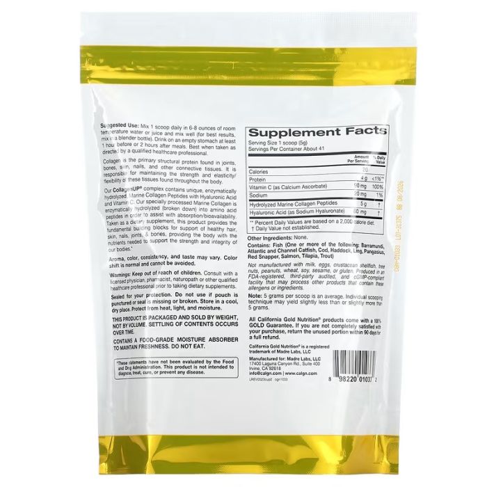 California Gold Nutrition CollagenUP Hydrolyzed Marine Collagen Peptides with Hyaluronic Acid and Vitamin C 206 g 