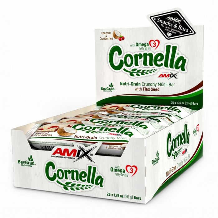 AMIX Cornella Crunchy Müsli Bar 25 x 50 г Coconut & Cranberries — мюсли-батончик из овса, кокоса и клюквы
