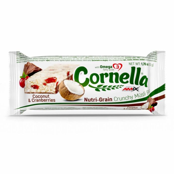 AMIX Cornella Crunchy Müsli Bar 25 x 50 г Coconut & Cranberries — мюсли-батончик из овса, кокоса и клюквы