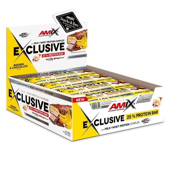 AMIX Exclusive Protein Bar 12 x 85 г Banana & Chocolate — протеиновые батончики с 23 г белка