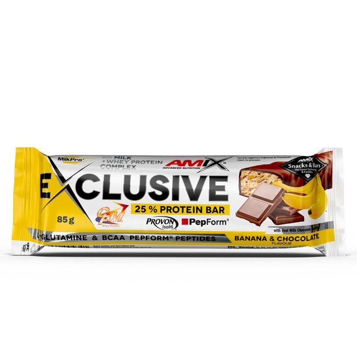 AMIX Exclusive Protein Bar 12 x 85 г Banana & Chocolate — протеиновые батончики с 23 г белка