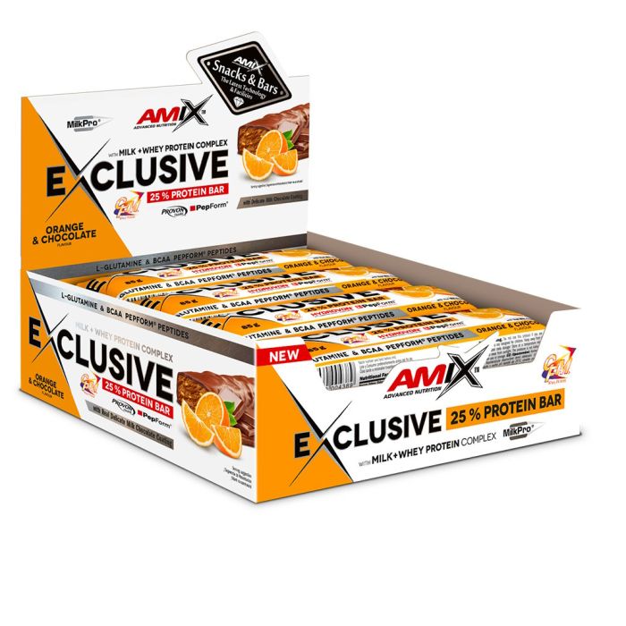 AMIX Exclusive Protein Bar 12 x 85 г Orange & Chocolate — протеиновые батончики с 23,7 г белка