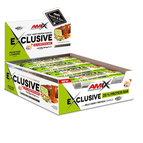 AMIX Exclusive Protein Bar 12 x 85 г Pistachio & Caramel — протеиновые батончики с 24 г белка