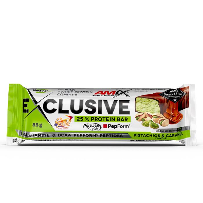AMIX Exclusive Protein Bar 12 x 85 г Pistachio & Caramel — протеиновые батончики с 24 г белка