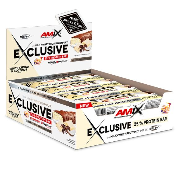AMIX Exclusive Protein Bar 12 x 85 г White Chocolate & Coconut — протеиновые батончики с 27 г белка