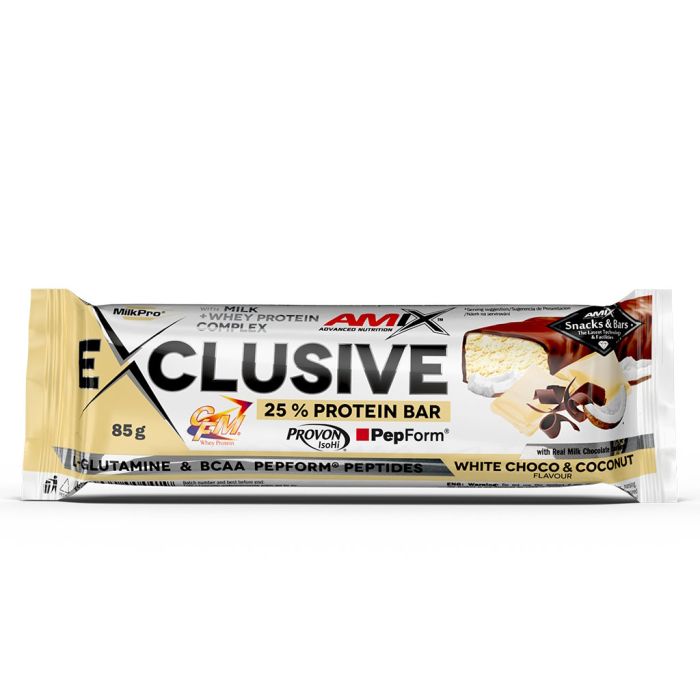 AMIX Exclusive Protein Bar 12 x 85 г White Chocolate & Coconut — протеиновые батончики с 27 г белка