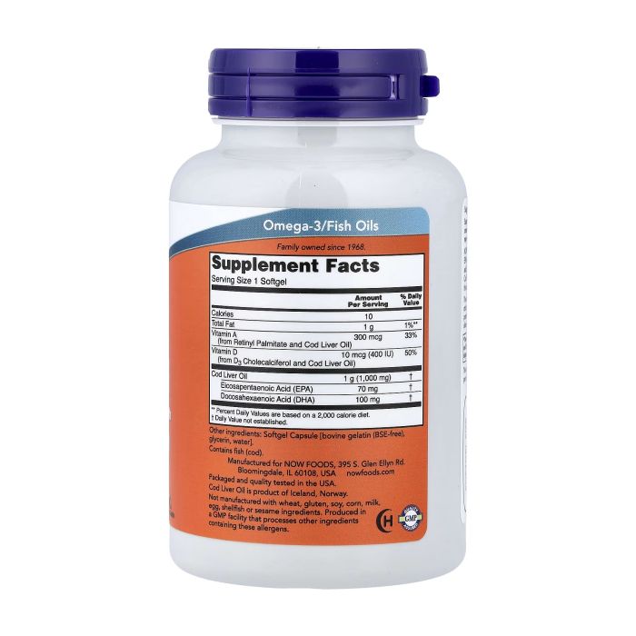 NOW Foods Cod Liver Oil 1000 mg 90 капсул - риб'ячий жир із печінки тріски з вітамінами A і D3