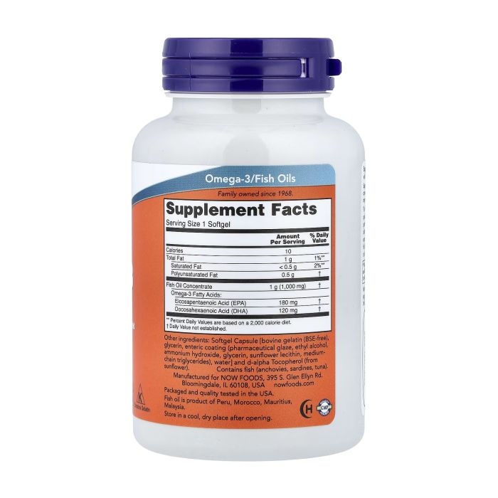 NOW Foods Omega-3 Fish Oil Enteric Coated 90 капсул — омега-3 180 EPA / 120 DHA
