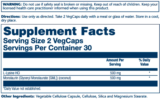 Solaray L-Lysine Monolaurin 1:1 60 vcaps л-лізин с монолауріном
