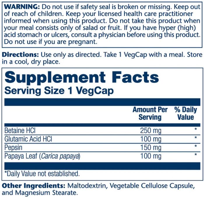 Solaray Betaine HCL with Pepsin 250 mg 180 капсул - бетаїн гідрохлорид для травлення