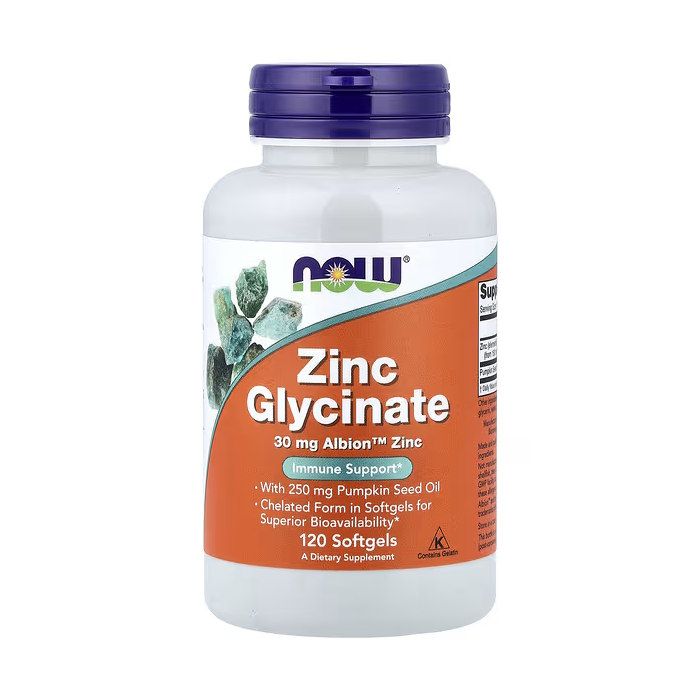 NOW Foods Zinc Glycinate 30 мг 120 капсул — цинк бисглицинат с маслом тыквенных семян