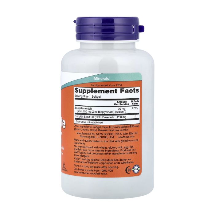 NOW Foods Zinc Glycinate 30 мг 120 капсул — цинк бисглицинат с маслом тыквенных семян