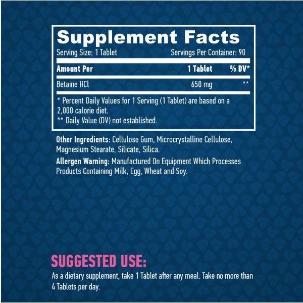 Haya Labs Betaine HCL 650 мг - 90 таб, бетаїн для кращого поглинання білків, вітаміну В12, заліза, кальцію